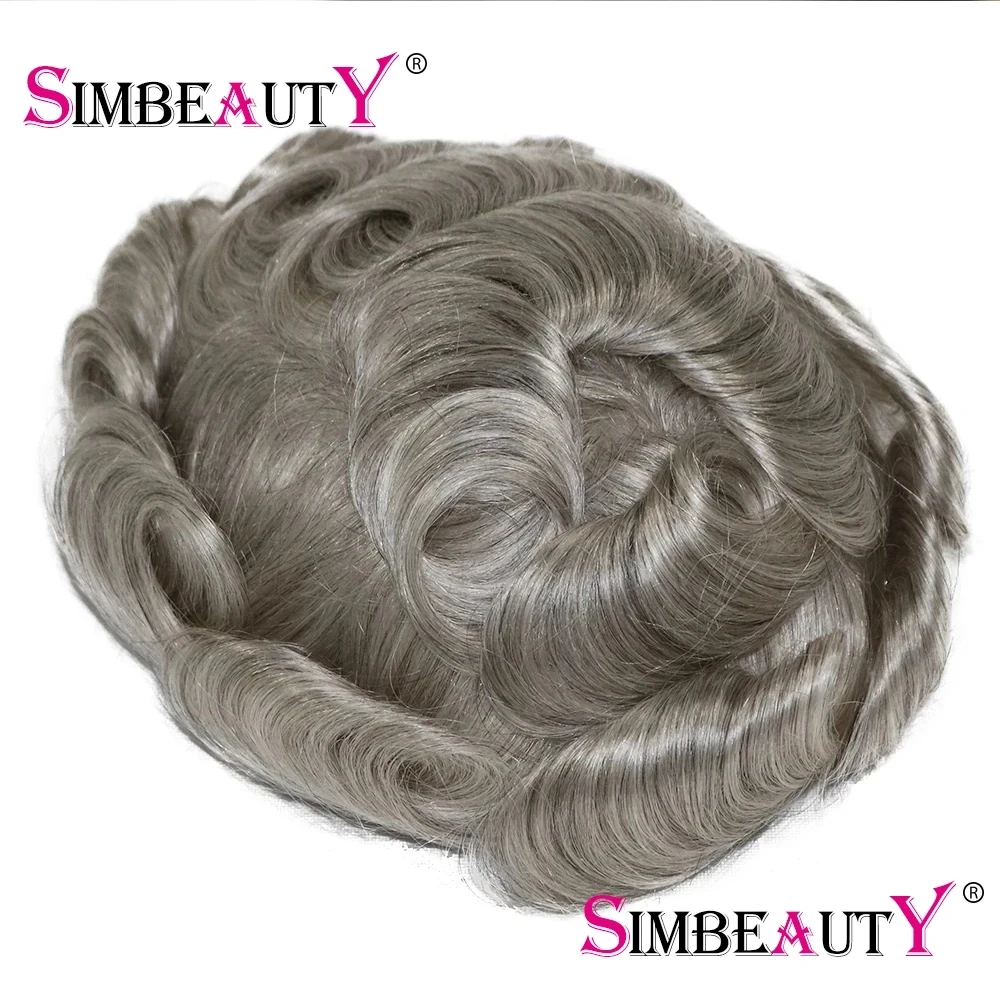Natural Hairline 80%Density Super Thin 0.02mm Skin Invisible Grey 1B65 1B80 Men Toupee Real Human Hair Capillary Prosthes System