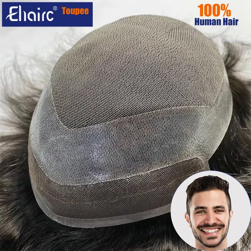 Hollywood-Toupee Lace & PU Base Human Hair Replacement System Unit Toupee Wig For Men Durable Male Hair Prosthesis Men's Wigs