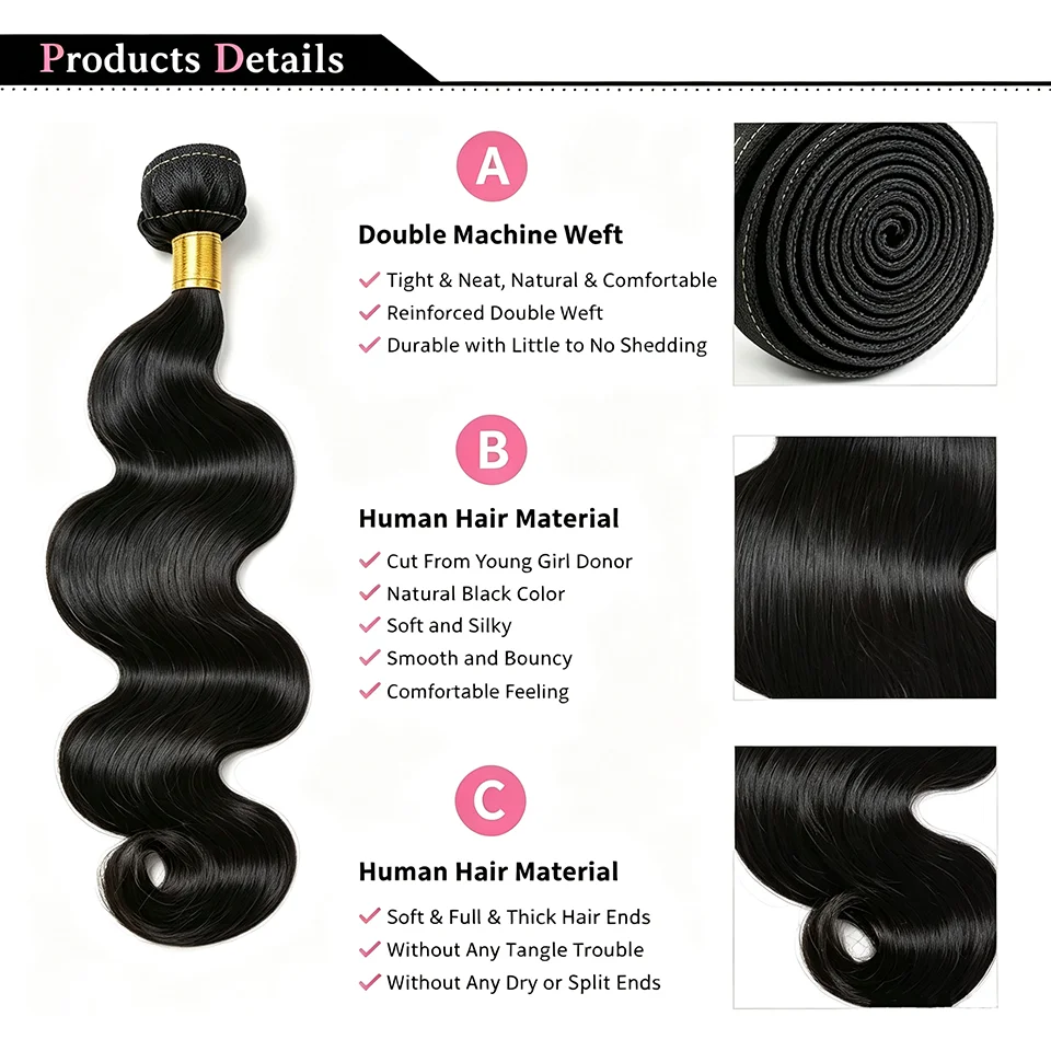 12A Raw Brazilian Body Wave 100% Human Hair Bundles Unprocessed Remy Hair Weave Extensions 3 4 Pcs Wholesale For Women 12 To 42 Inch Natural Black