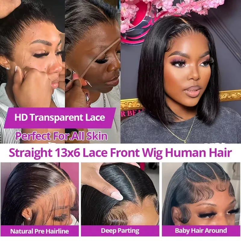 Bob Human Hair Wigs with HD Lace Front 13x6 200% Brazilian Hair Ready to Wear Natural Hairline  Soft and Full Hair Breathable and Lightweight Wig Cap