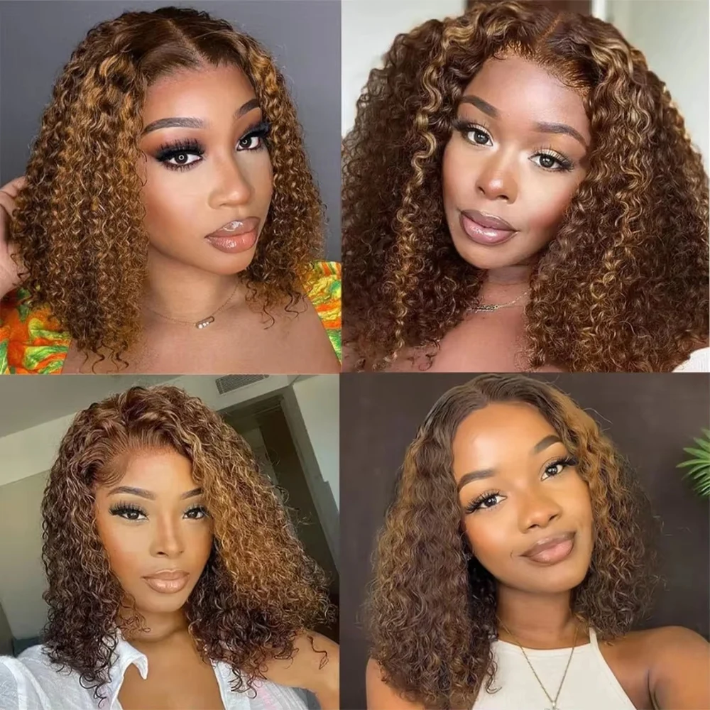 Highlight Ombre Bob Wig Human Hair 13x4 Transparent Lace Frontal Wigs for Women 250% Density 100% Brazilian Virgin Curly Bob Human Hair Wig Glueless Pre Plucked #4/27 Highlight Ombre 16Inch Short Square Cut Wig Natural Human Afro Wig Female on Sale CEXXY