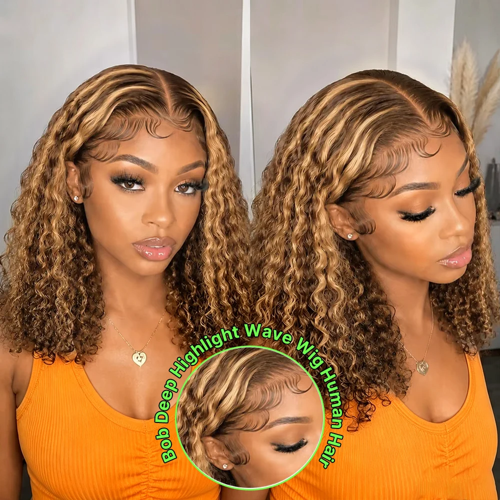 Highlight Ombre Bob Wig Human Hair 13x4 Transparent Lace Frontal Wigs for Women 250% Density 100% Brazilian Virgin Curly Bob Human Hair Wig Glueless Pre Plucked #4/27 Highlight Ombre 16Inch Short Square Cut Wig Natural Human Afro Wig Female on Sale CEXXY