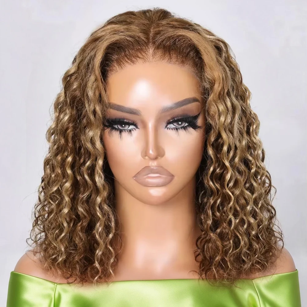Highlight Ombre Bob Wig Human Hair 13x4 Transparent Lace Frontal Wigs for Women 250% Density 100% Brazilian Virgin Curly Bob Human Hair Wig Glueless Pre Plucked #4/27 Highlight Ombre 16Inch Short Square Cut Wig Natural Human Afro Wig Female on Sale CEXXY