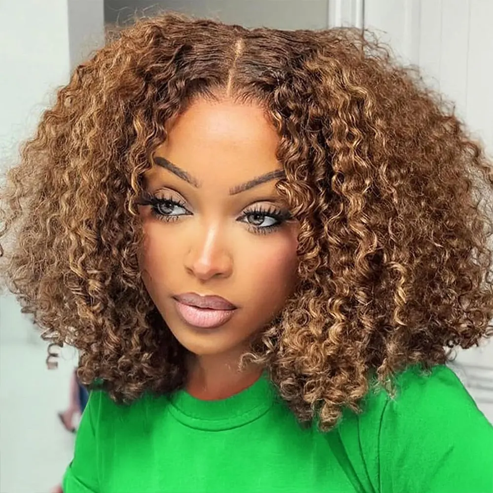 Highlight Ombre Bob Wig Human Hair 13x4 Transparent Lace Frontal Wigs for Women 250% Density 100% Brazilian Virgin Curly Bob Human Hair Wig Glueless Pre Plucked #4/27 Highlight Ombre 16Inch Short Square Cut Wig Natural Human Afro Wig Female on Sale CEXXY