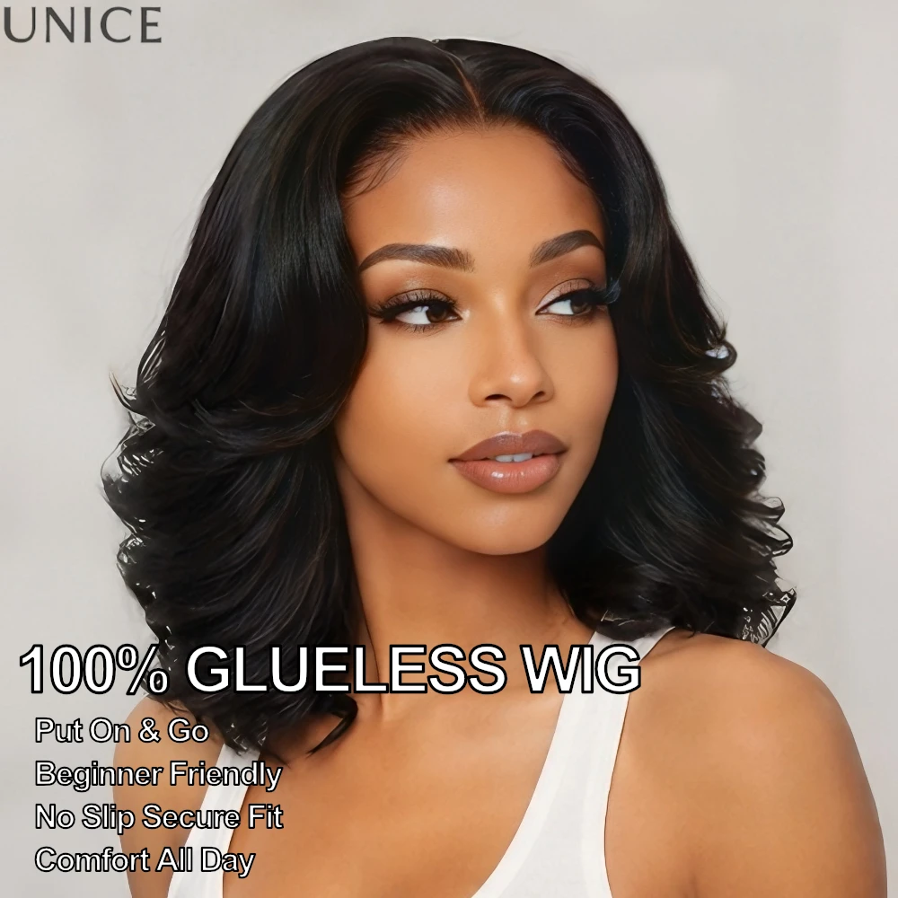UNICE Layered Blowout Wavy Bob Wig Human Hair Glueless Wig With Drawstring 150% Density