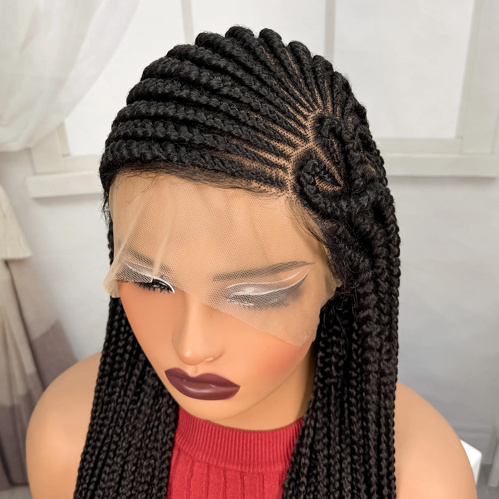 36inch Full Lace Natural Cornrow Braided Wigs Synthetic Braiding Hair Wigs Box Braided Lace Wigs with Baby Hair for Black Women