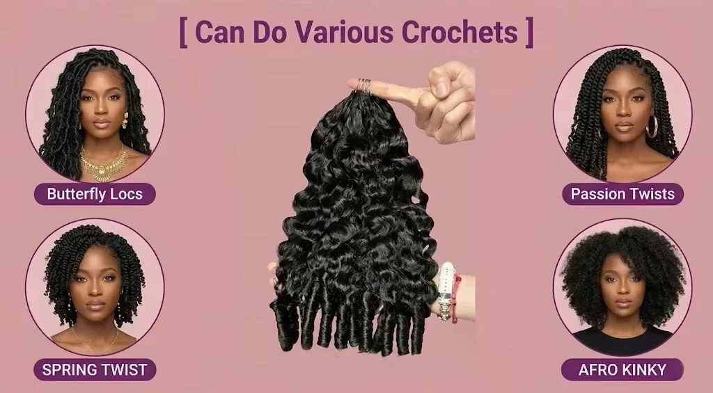 5Pcs/300G Burmese Curl Feather Crochet 100% Human Hair 16A 16-20 Inch Invisible Knotless Feather Crochet Hair Extensions, Natural Black Curly Braiding Hair for Women