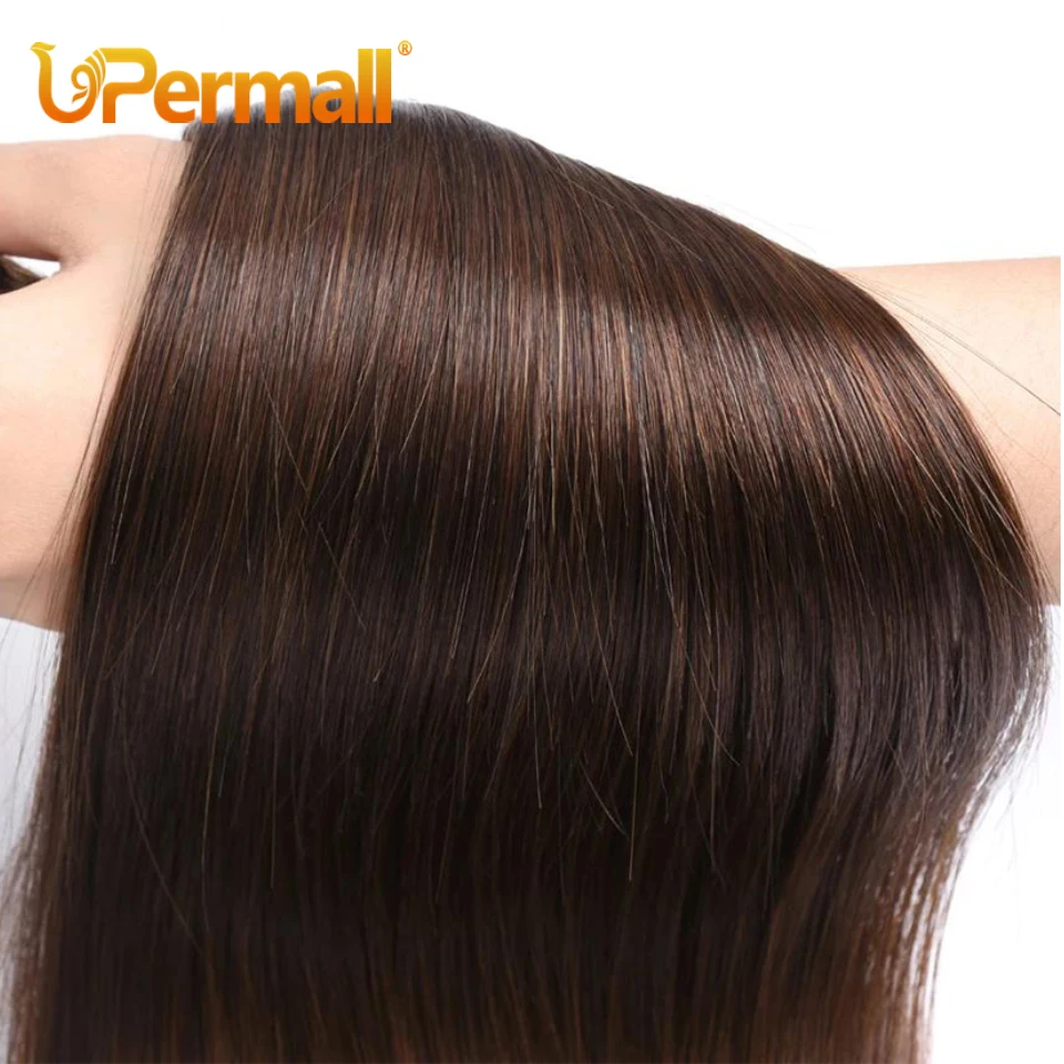 Upermall Chocolate Brown 2/3/4 Human Hair Bundles With Closure kim k 2x6 Straight Body Wave Transparent Middle Part Lace Frontal