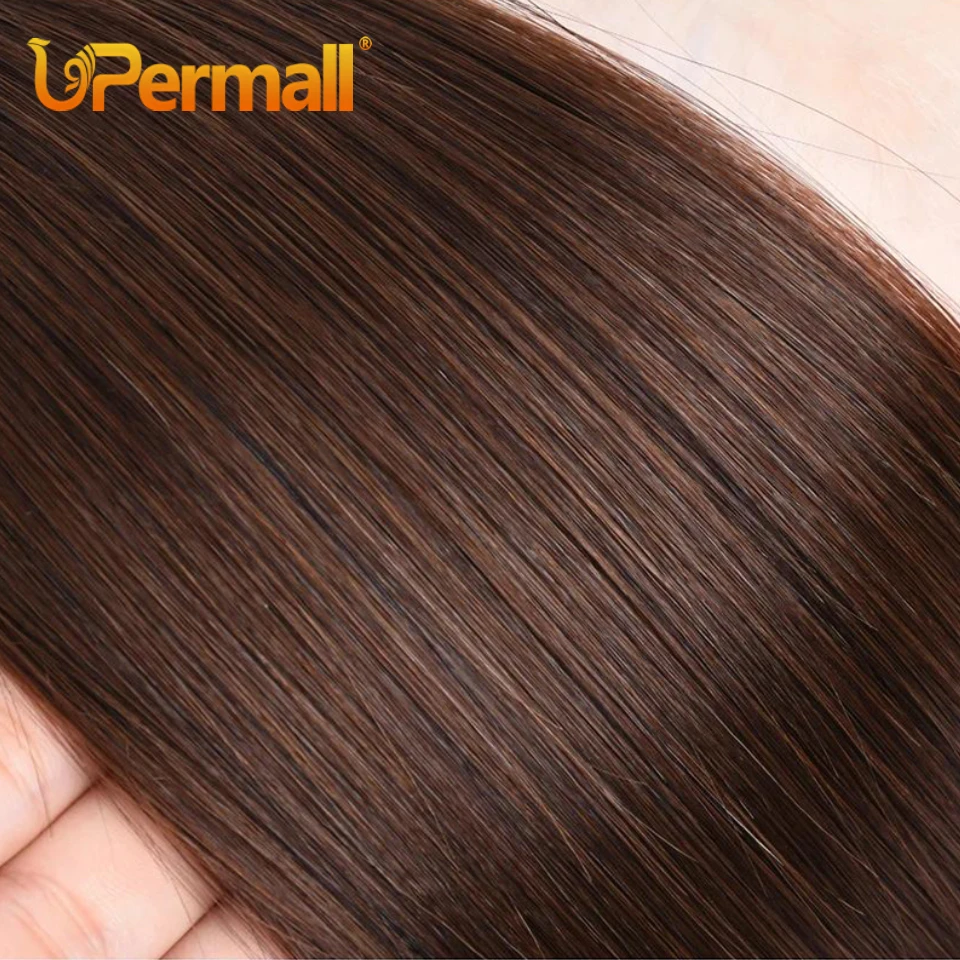 Upermall Chocolate Brown 2/3/4 Human Hair Bundles With Closure kim k 2x6 Straight Body Wave Transparent Middle Part Lace Frontal