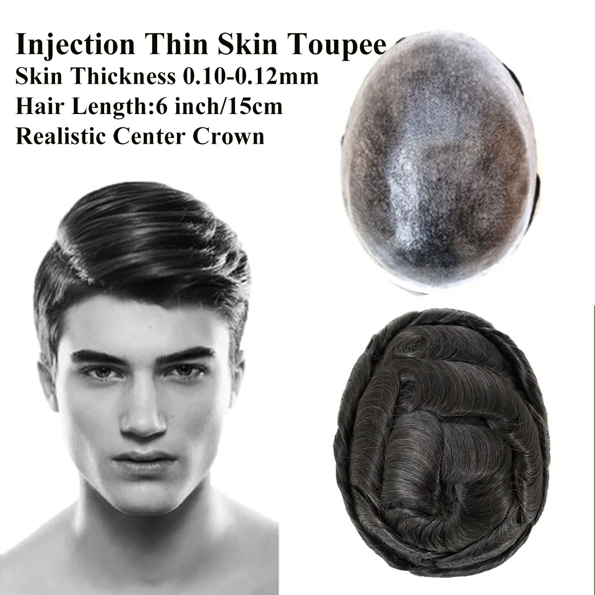 Men‘s Toupee Real Human Hair Hairpiece Injection Thin Skin Invisible Hair Replacement System PU Capillary Prosthesis Hair System