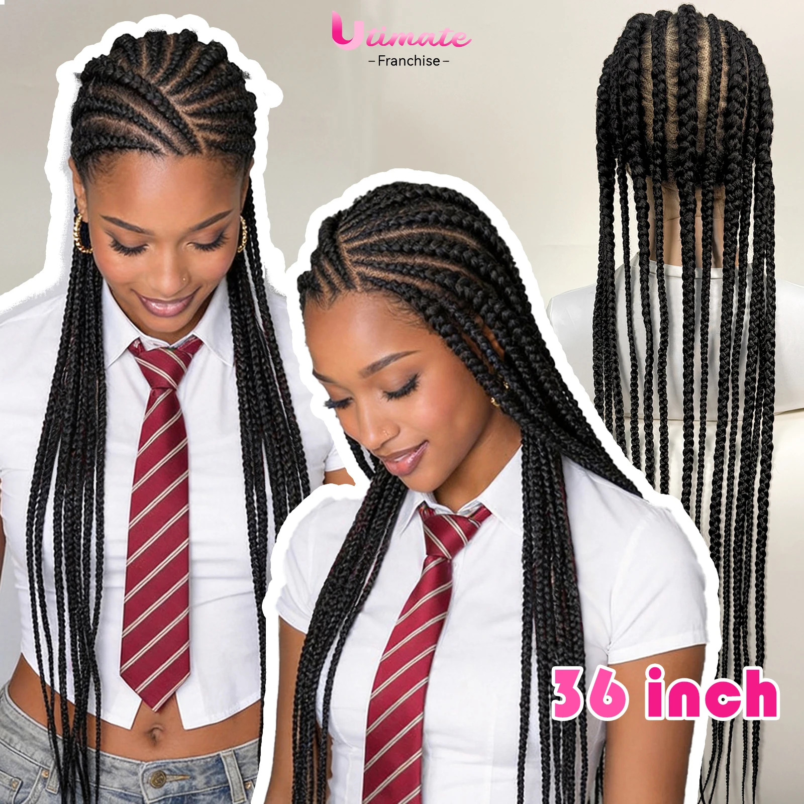 Dutch Braids 36in Synthetic Braided Wigs Fulani Braids Cornrow Transparent Full Lace Braided Wig for Black Women