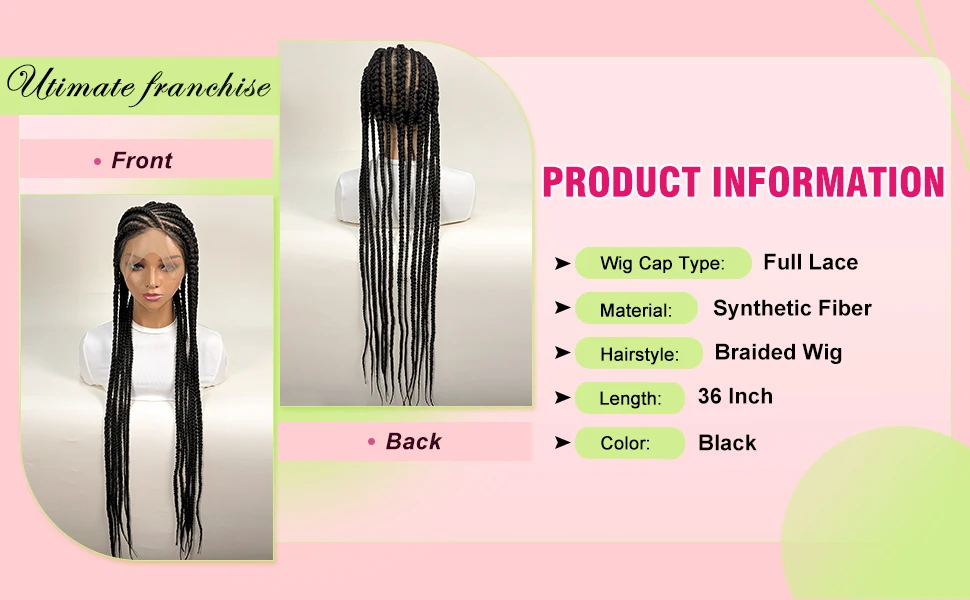 Dutch Braids 36in Synthetic Braided Wigs Fulani Braids Cornrow Transparent Full Lace Braided Wig for Black Women