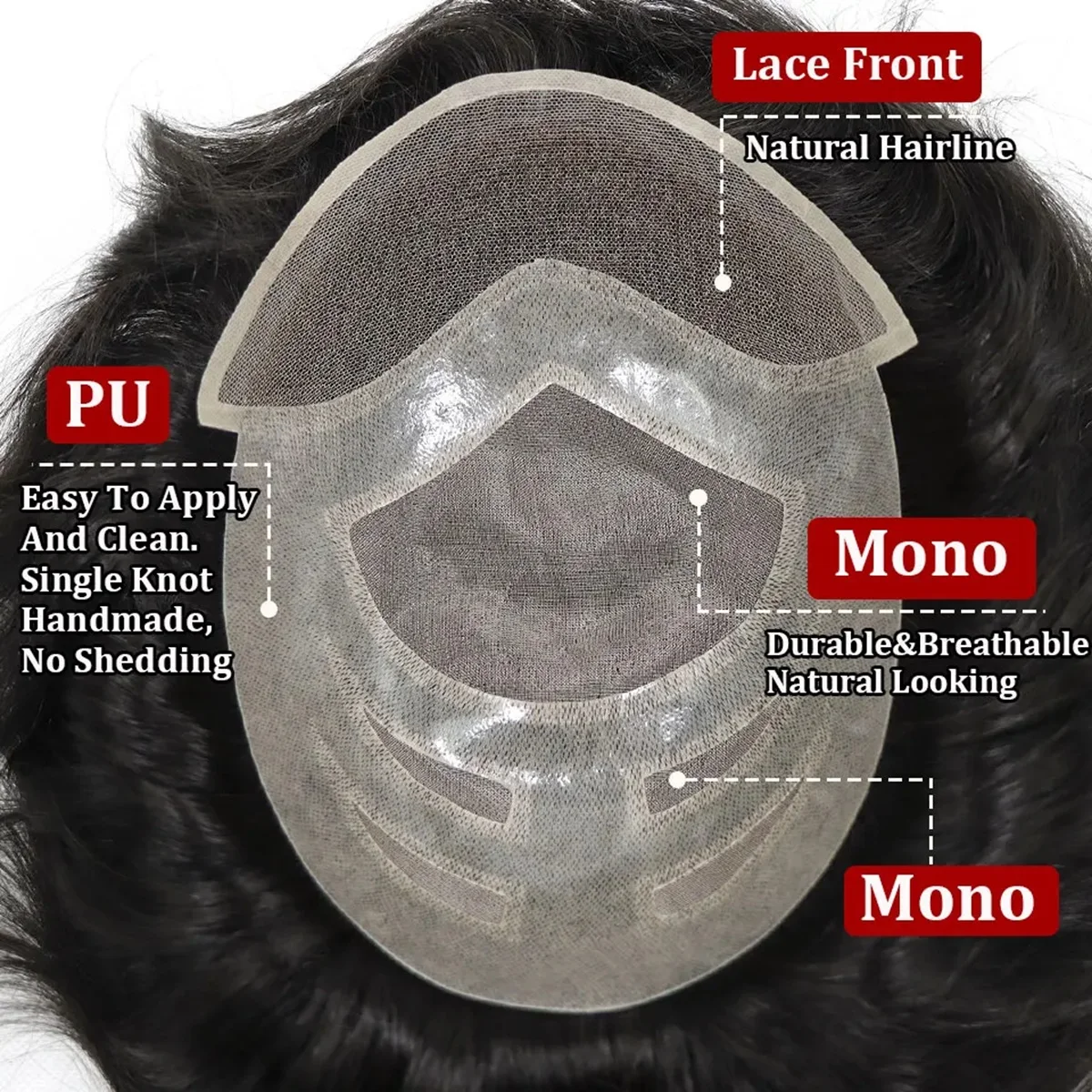 Fine Mono Hair System for Men Lace front with Mono and Skin Hybrid Breathable capillary prosthesis,Human Hair Toupee for Men