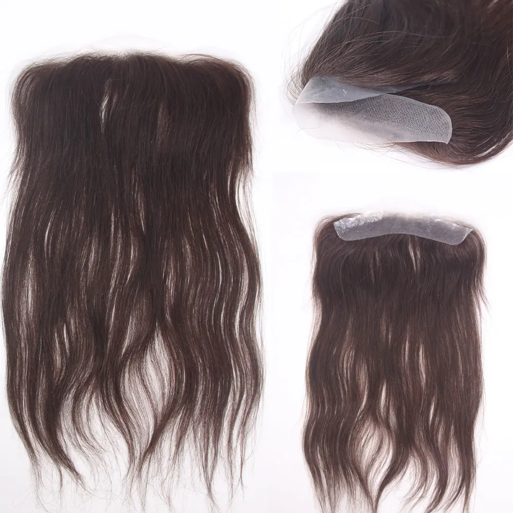 Unisex Tape-On Toupee - Straight Human Hair V-Shape Hairline PU Thin Biological Base Replacement (2x16cm 13inch)