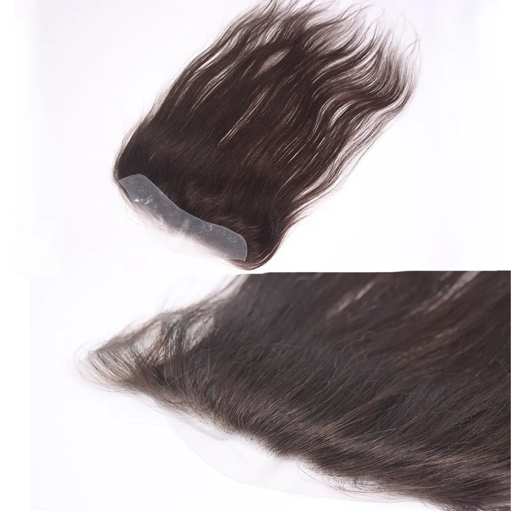 Unisex Tape-On Toupee - Straight Human Hair V-Shape Hairline PU Thin Biological Base Replacement (2x16cm 13inch)