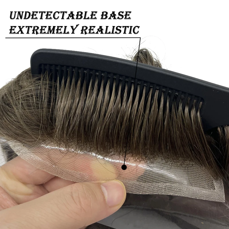 Q6 Men's Toupee Lace & PU Base Human Hair System Unit Durable Male Hair Prosthesis Wig for Full Coverage Hair Loss
