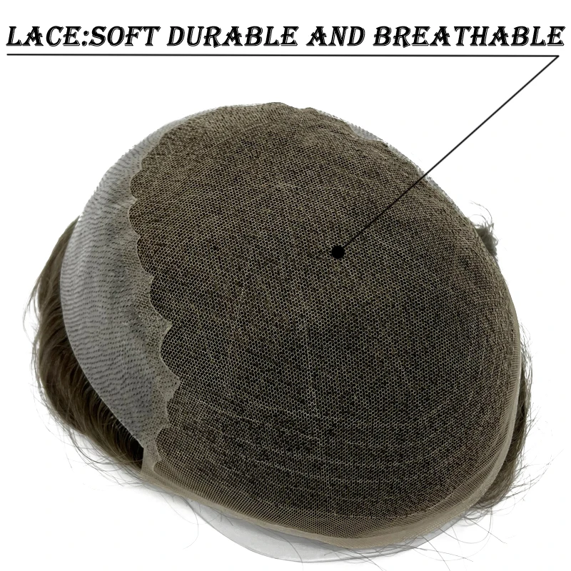 Q6 Men's Toupee Lace & PU Base Human Hair System Unit Durable Male Hair Prosthesis Wig for Full Coverage Hair Loss