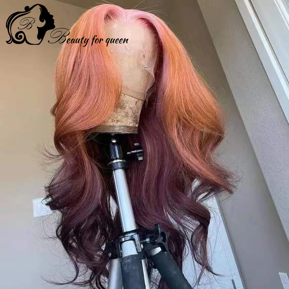 Transparent 13x4 Lace Frontal Wigs Brazilian Human Hair Wig Colored Ombre Pink Brown Body Wave For Women 200 Density Pre Plucked
