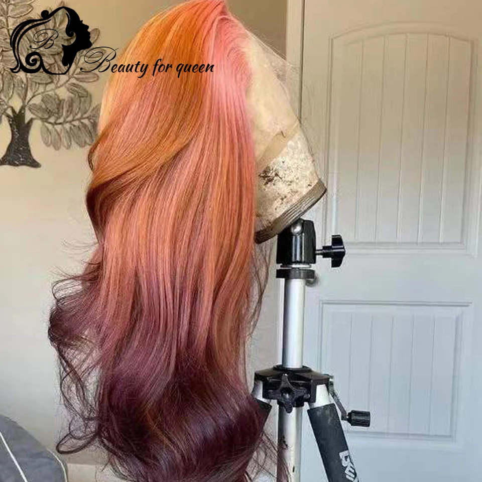 Transparent 13x4 Lace Frontal Wigs Brazilian Human Hair Wig Colored Ombre Pink Brown Body Wave For Women 200 Density Pre Plucked