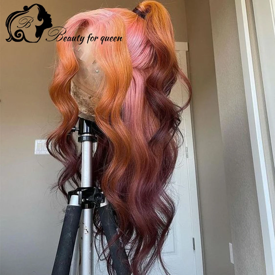 Transparent 13x4 Lace Frontal Wigs Brazilian Human Hair Wig Colored Ombre Pink Brown Body Wave For Women 200 Density Pre Plucked