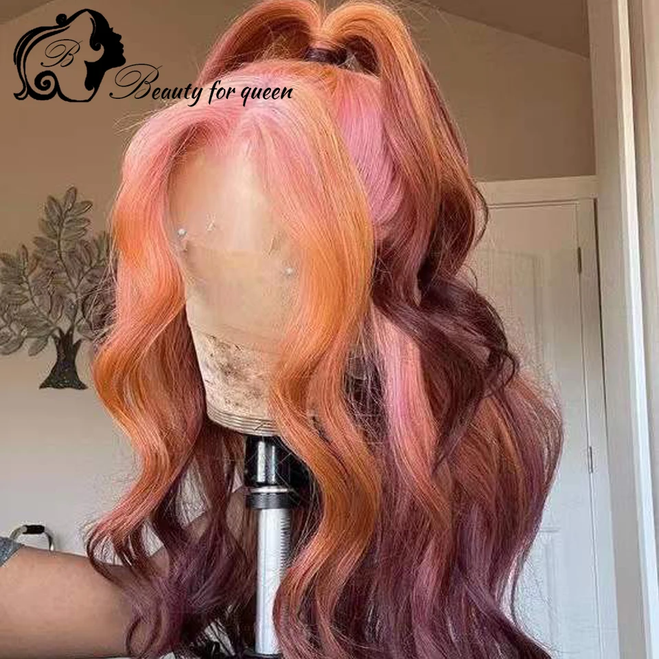 Transparent 13x4 Lace Frontal Wigs Brazilian Human Hair Wig Colored Ombre Pink Brown Body Wave For Women 200 Density Pre Plucked