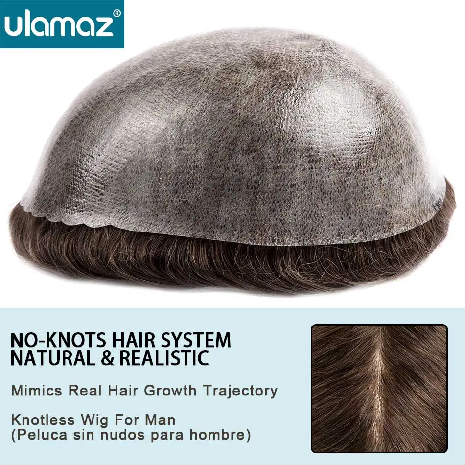Knotless Skin Male Hair Prosthesis 0.1-0.12mm Skin Hair System For Man Human Hair Men Toupee Men's Capillary Prosthesis Man Wig