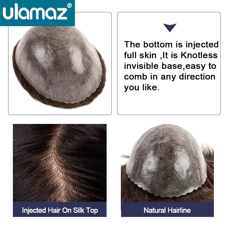 Knotless Skin Male Hair Prosthesis 0.1-0.12mm Skin Hair System For Man Human Hair Men Toupee Men's Capillary Prosthesis Man Wig