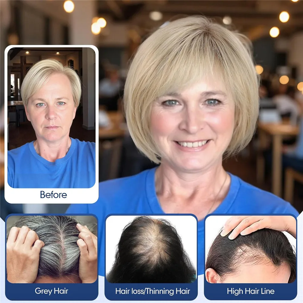 10 Inch Human Hair Topper for Women 6.5x6.5 Inch Silk Base Ombre Light Blonde Side Part Short Bob with Bangs Natural Looking