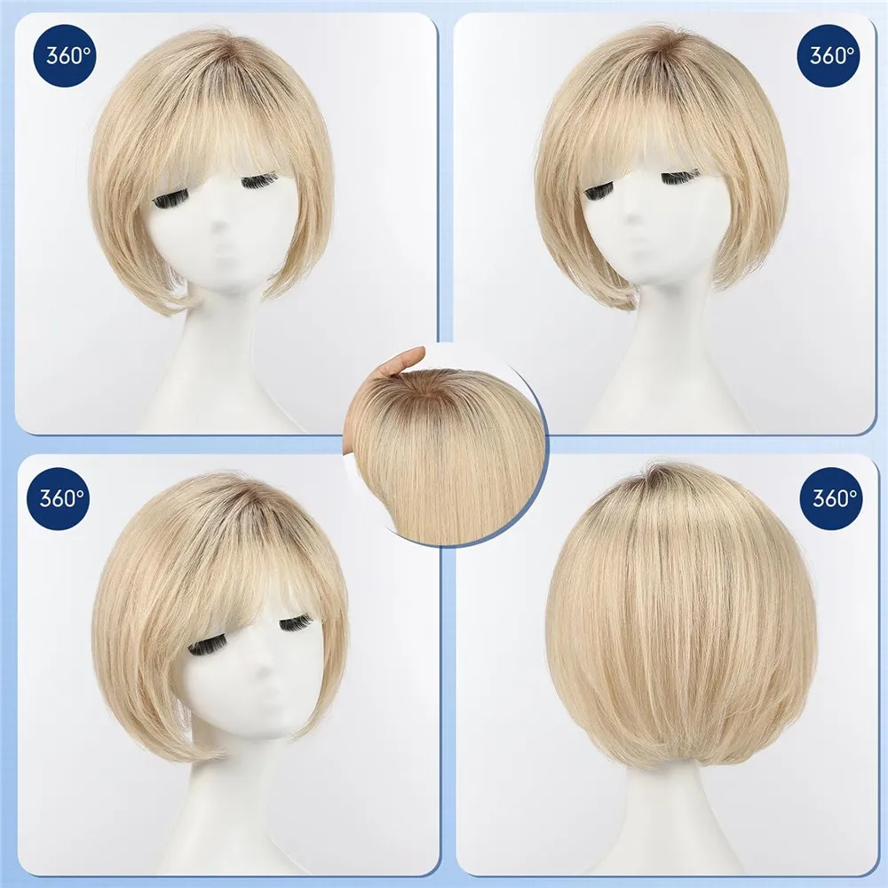 10 Inch Human Hair Topper for Women 6.5x6.5 Inch Silk Base Ombre Light Blonde Side Part Short Bob with Bangs Natural Looking