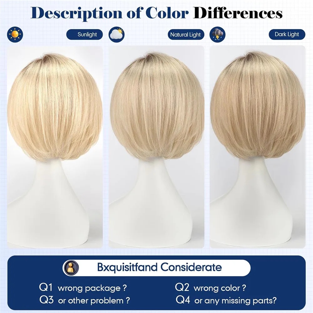 10 Inch Human Hair Topper for Women 6.5x6.5 Inch Silk Base Ombre Light Blonde Side Part Short Bob with Bangs Natural Looking
