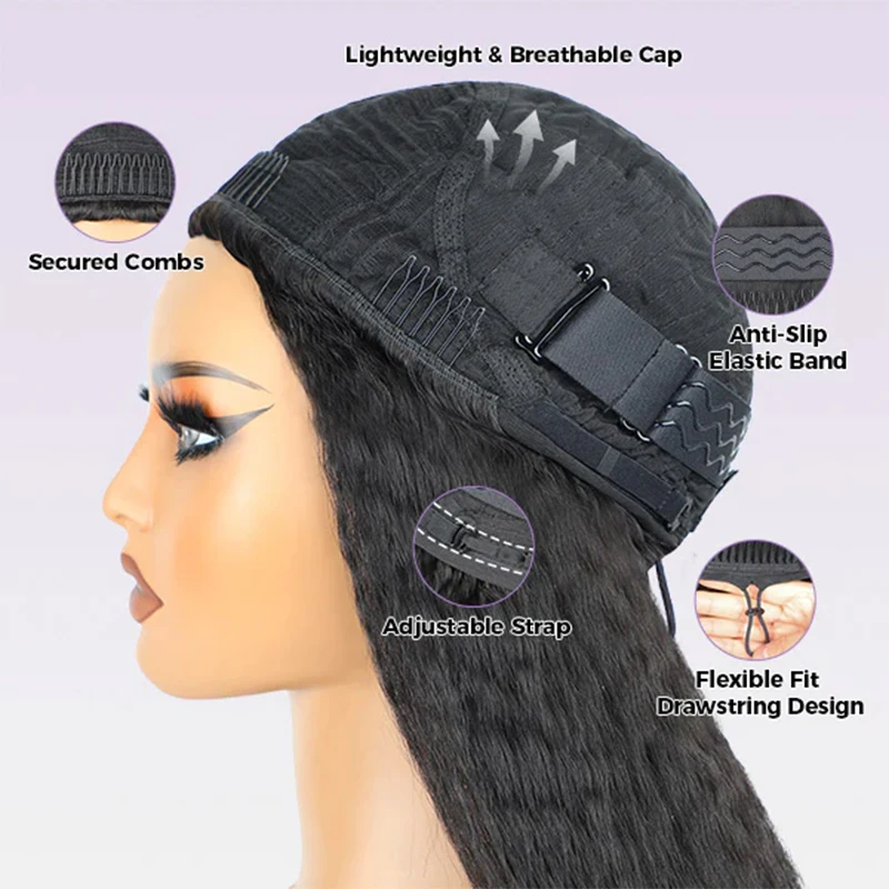 220% Density Kinky Straight Half Wig Human Hair 3 In 1 Half Wig Glueless Wigs Human Hair Drawstring Seamless Wig For Women
