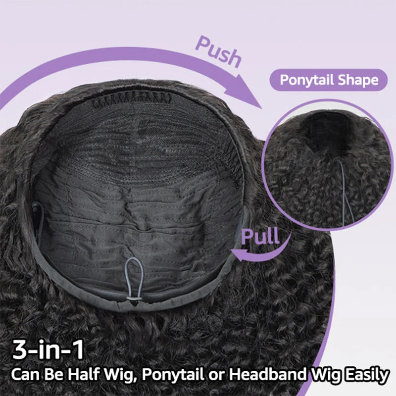 220% Density Kinky Straight Half Wig Human Hair 3 In 1 Half Wig Glueless Wigs Human Hair Drawstring Seamless Wig For Women