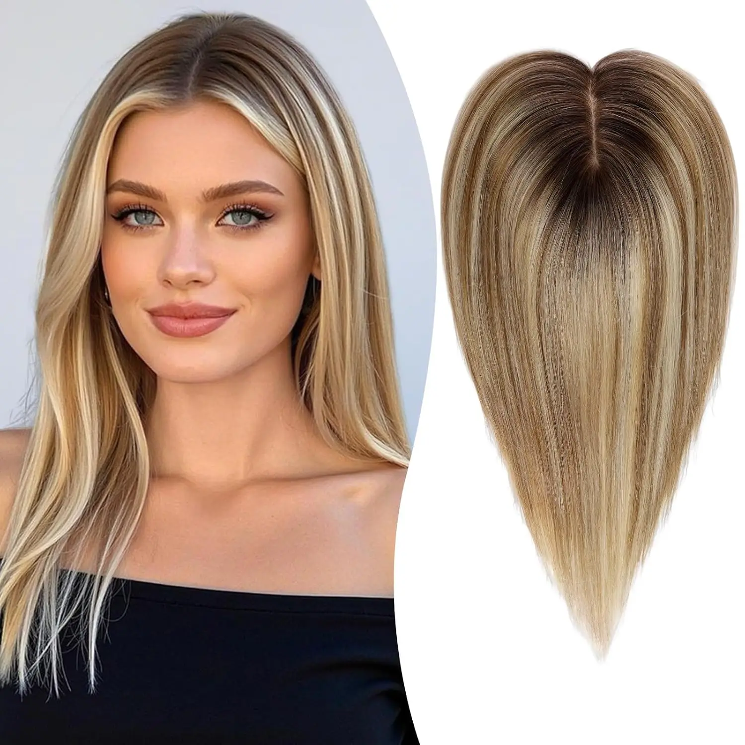 Mixed Blonde Human Hair Toppers 12 inch Human Hair Clip in Bangs Hair Pieces Skin 360° Cover Hair Extension for Women Loss Hair