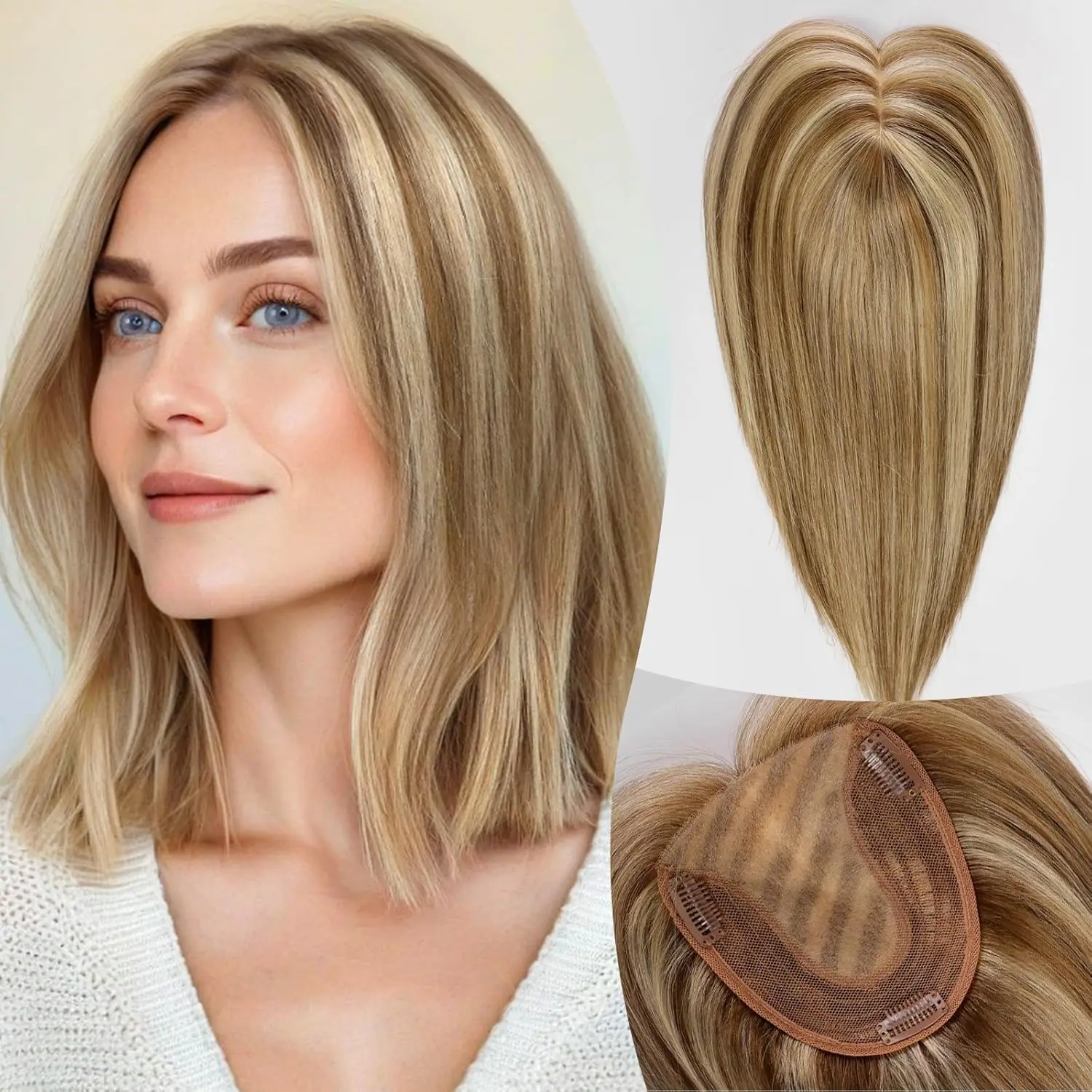 Mixed Blonde Human Hair Toppers 12 inch Human Hair Clip in Bangs Hair Pieces Skin 360° Cover Hair Extension for Women Loss Hair