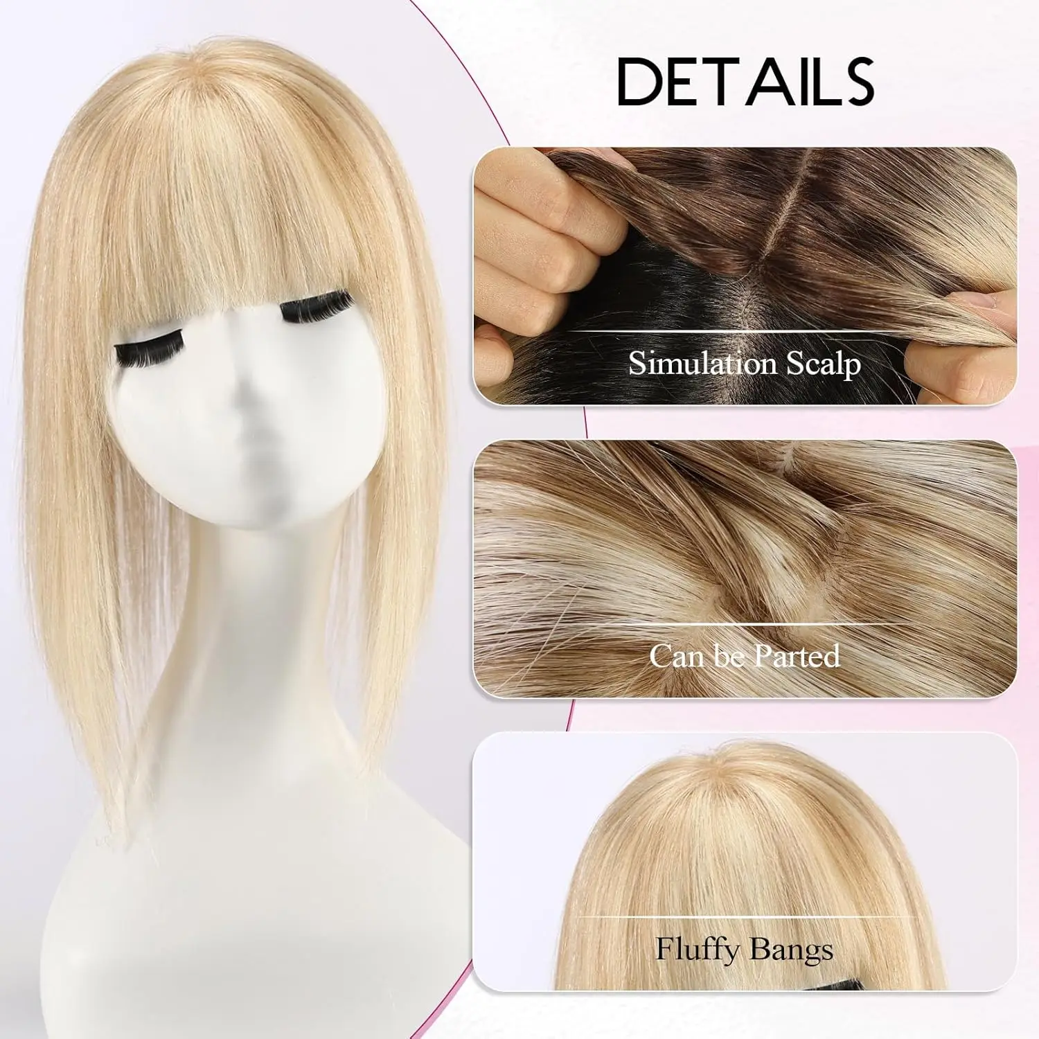 Mixed Blonde Human Hair Toppers 12 inch Human Hair Clip in Bangs Hair Pieces Skin 360° Cover Hair Extension for Women Loss Hair