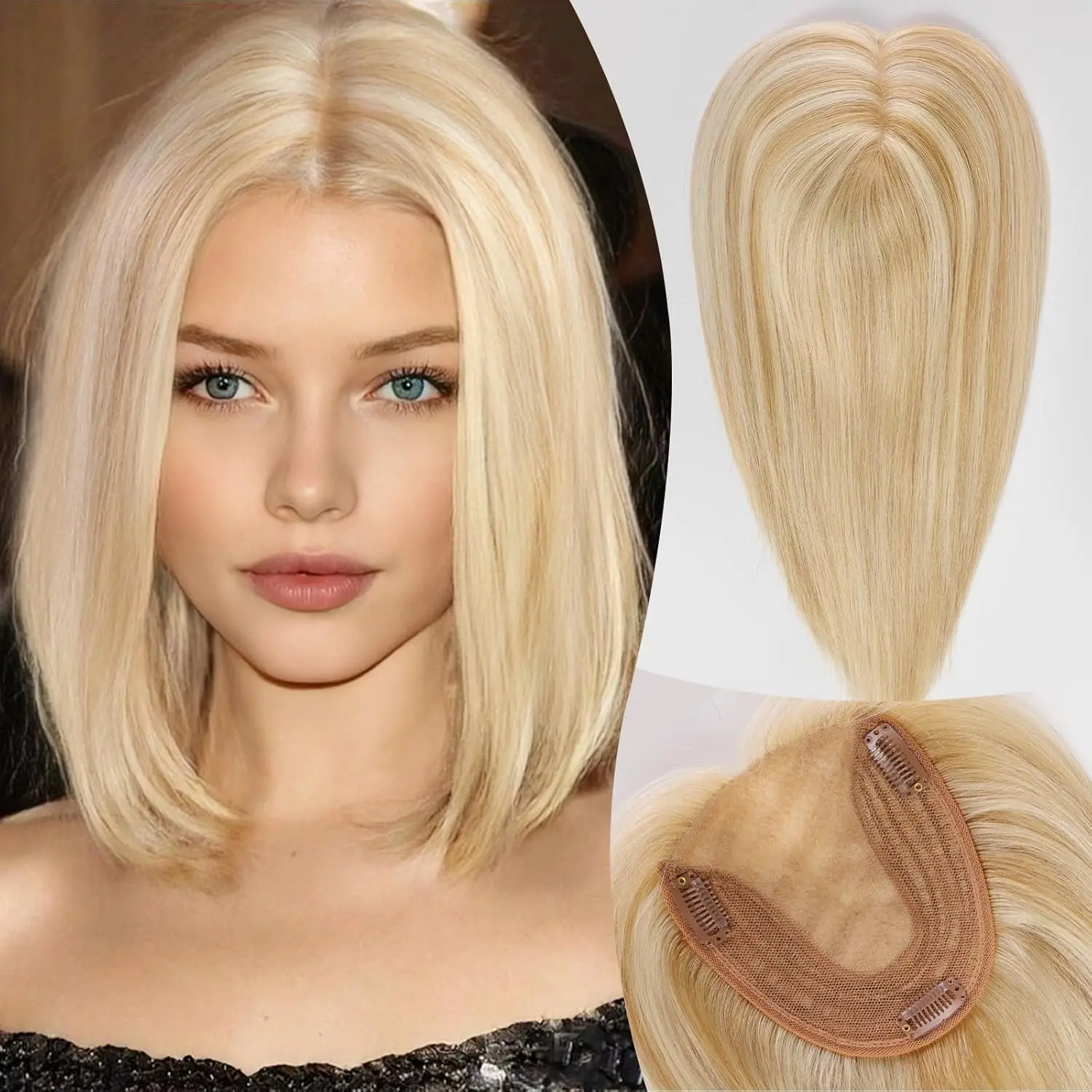 Mixed Blonde Human Hair Toppers 12 inch Human Hair Clip in Bangs Hair Pieces Skin 360° Cover Hair Extension for Women Loss Hair