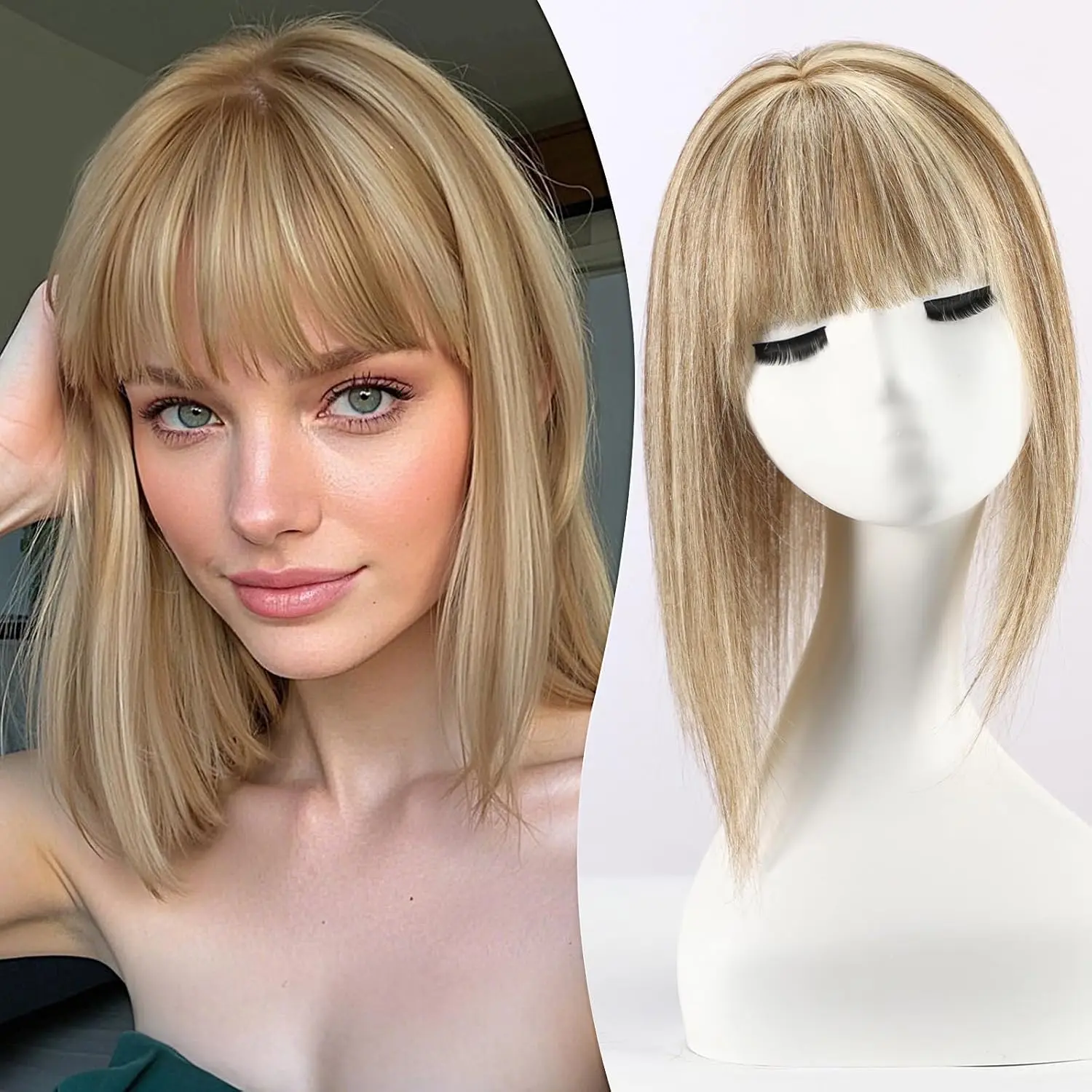 Mixed Blonde Human Hair Toppers 12 inch Human Hair Clip in Bangs Hair Pieces Skin 360° Cover Hair Extension for Women Loss Hair