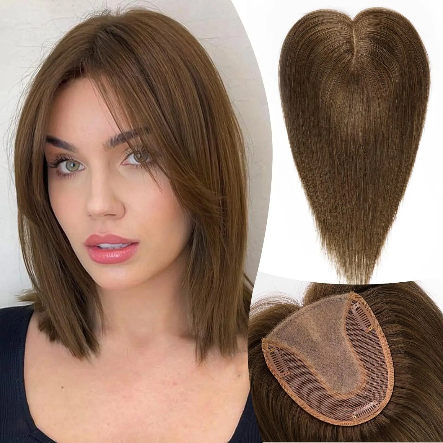 Mixed Blonde Human Hair Toppers 12 inch Human Hair Clip in Bangs Hair Pieces Skin 360° Cover Hair Extension for Women Loss Hair