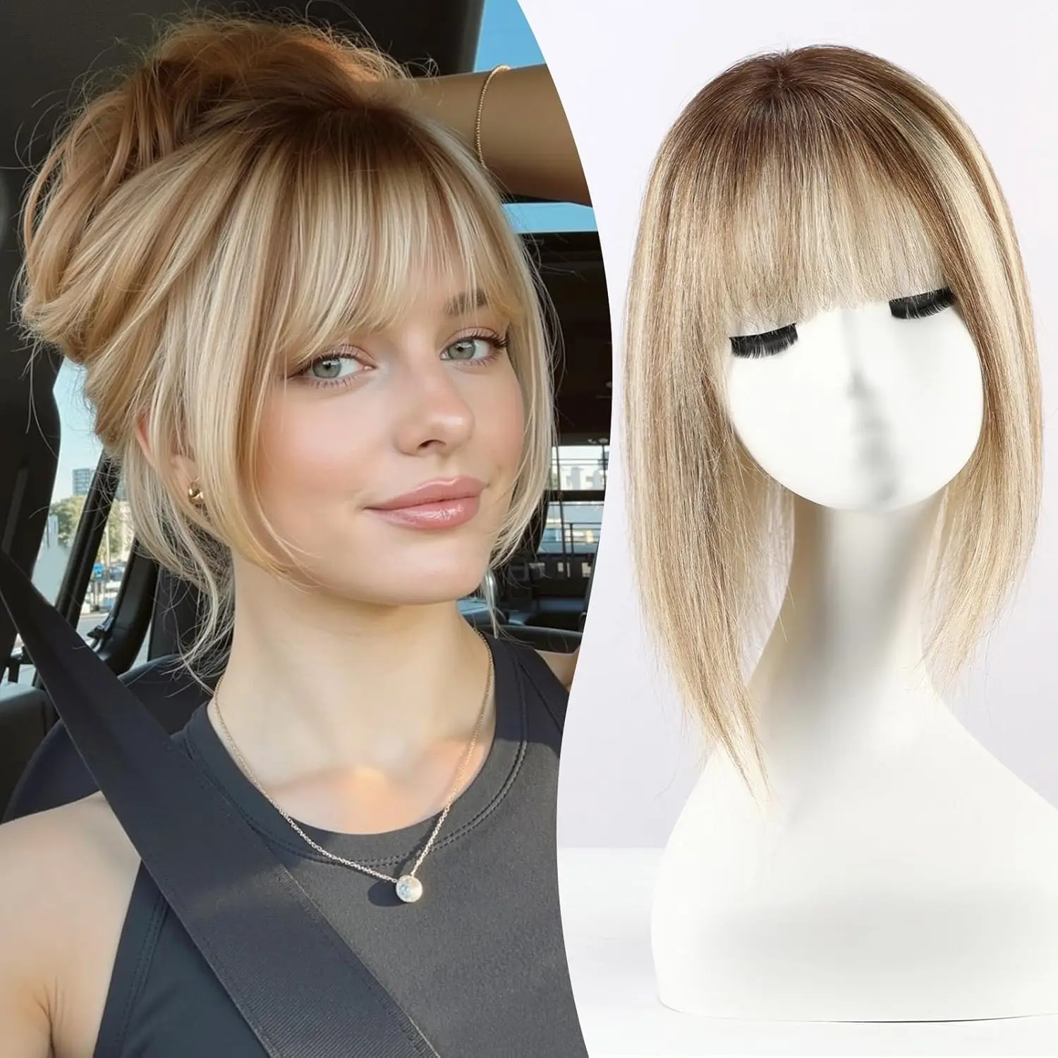Mixed Blonde Human Hair Toppers 12 inch Human Hair Clip in Bangs Hair Pieces Skin 360° Cover Hair Extension for Women Loss Hair