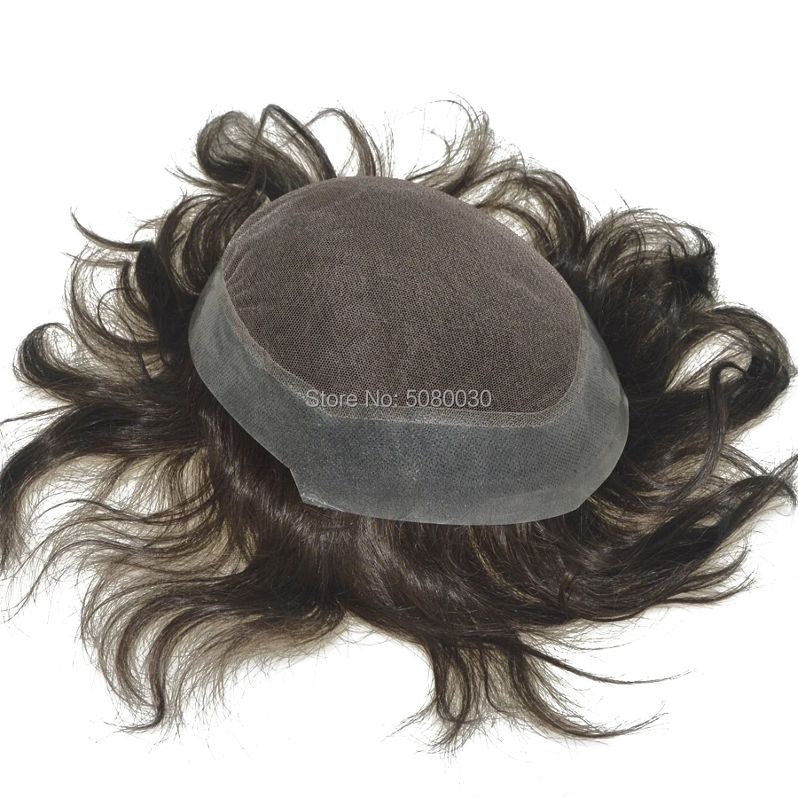 Men's 100% Human India Hair Toupee 8x10 Inch Top Swiss Lace Front with Natural Thin Skin 6 Inch Length Hair Base Stock