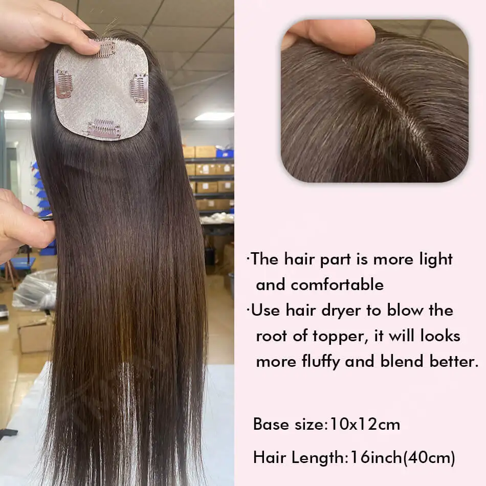 10x12CM Straight Human Hair Toppers For Women Skin Human Hair Piece Cover Breathable Human Hair Topper With 4 Clips In HairPiece