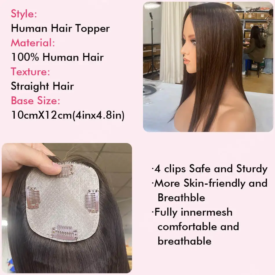 10x12CM Straight Human Hair Toppers For Women Skin Human Hair Piece Cover Breathable Human Hair Topper With 4 Clips In HairPiece