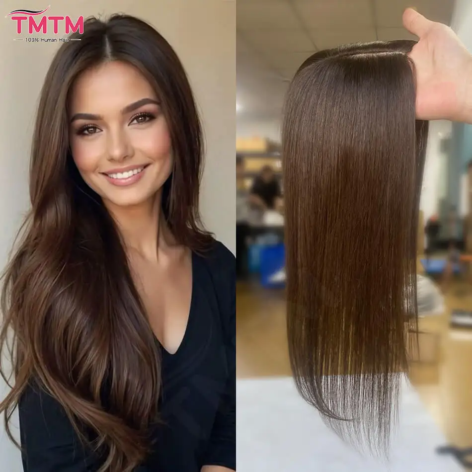 10x12CM Straight Human Hair Toppers For Women Skin Human Hair Piece Cover Breathable Human Hair Topper With 4 Clips In HairPiece