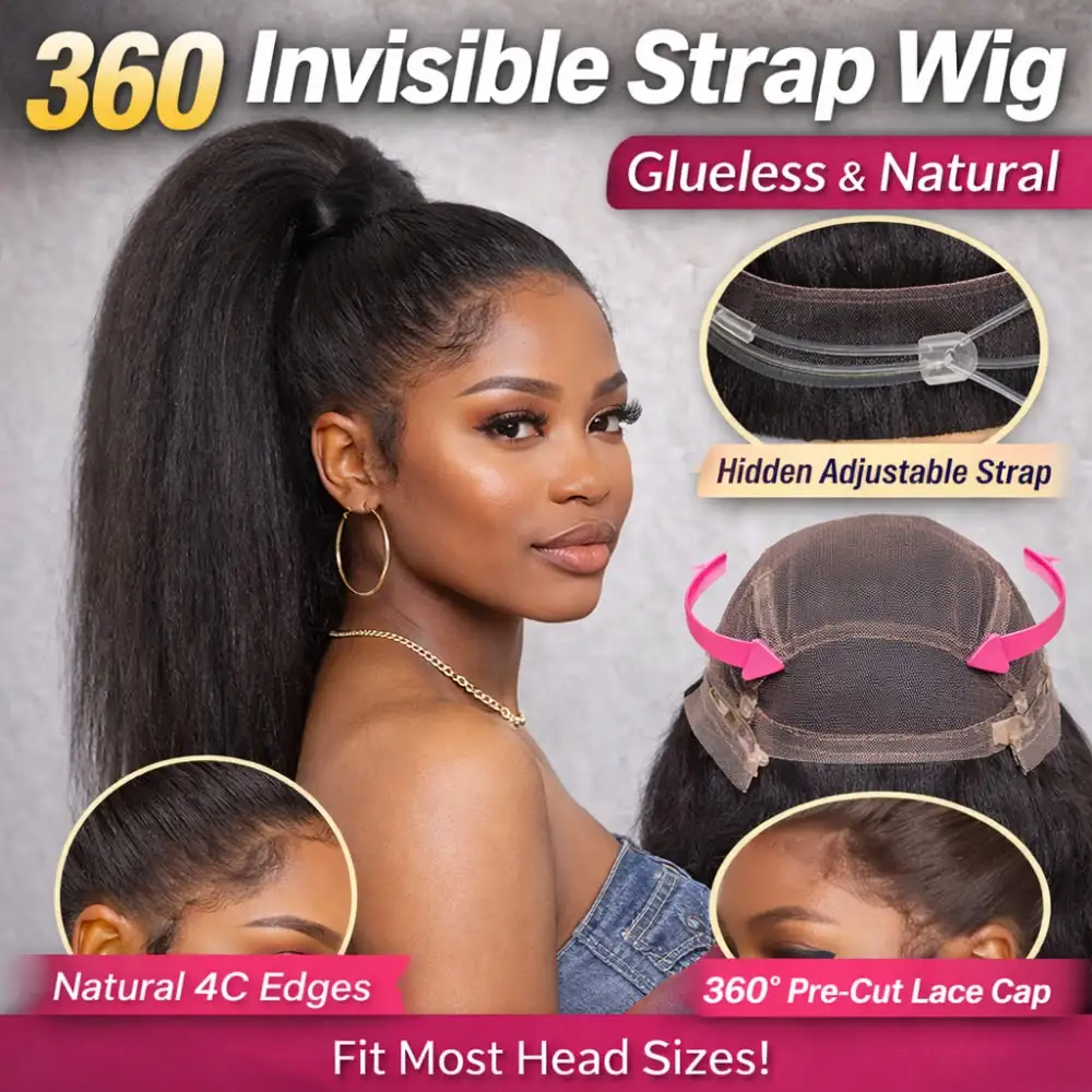 Invisible Strap HD 360 Lace Front Wigs Human Hair Kinky Straight 210% Density 360 Transparent Full Lace Wig Invisible Drawstring Glueless Wig Wear & Go