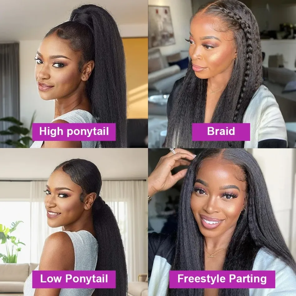 Invisible Strap HD 360 Lace Front Wigs Human Hair Kinky Straight 210% Density 360 Transparent Full Lace Wig Invisible Drawstring Glueless Wig Wear & Go