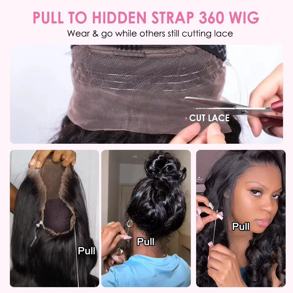Invisible Strap HD 360 Lace Front Wigs Human Hair Kinky Straight 210% Density 360 Transparent Full Lace Wig Invisible Drawstring Glueless Wig Wear & Go