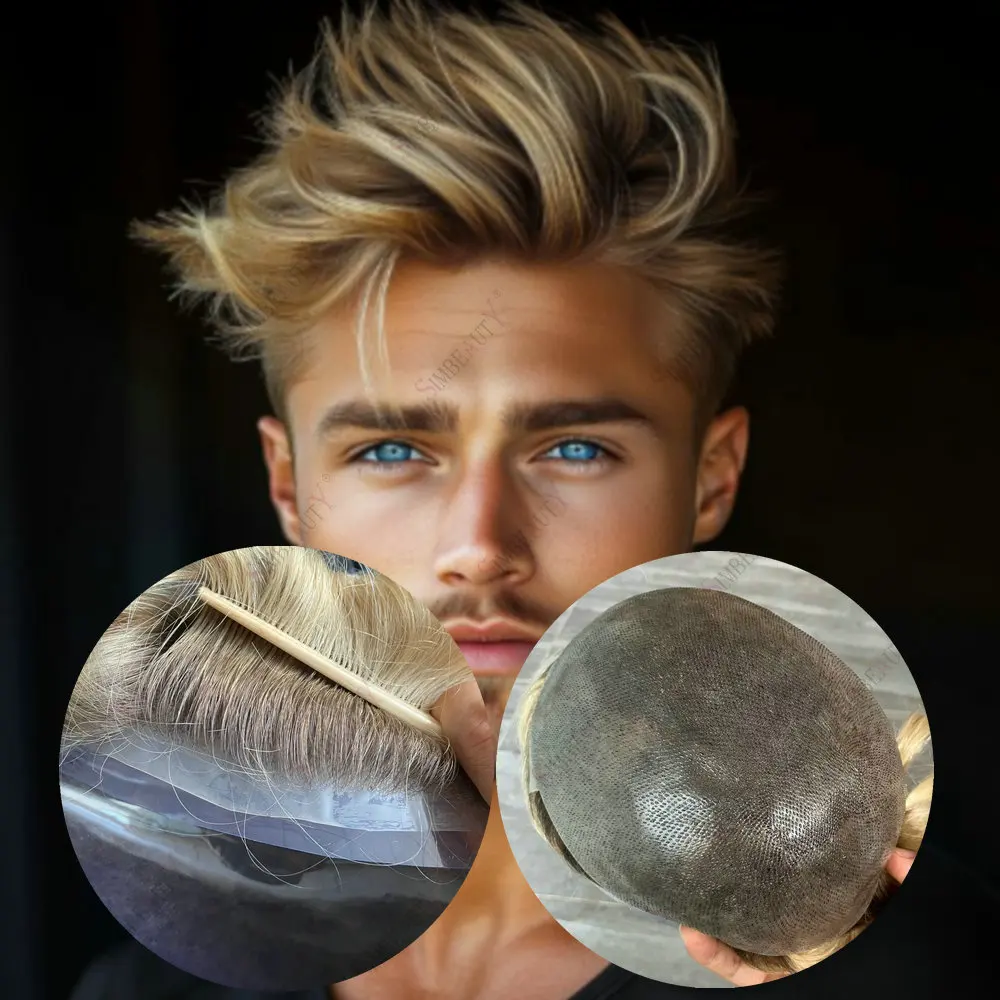 4T613 Ombre Blonde 0.06mm Thin Skin Vloop Base Natural Hairline Men Toupee Grey Black Human Hair Wigs Men Hair System Prosthesis