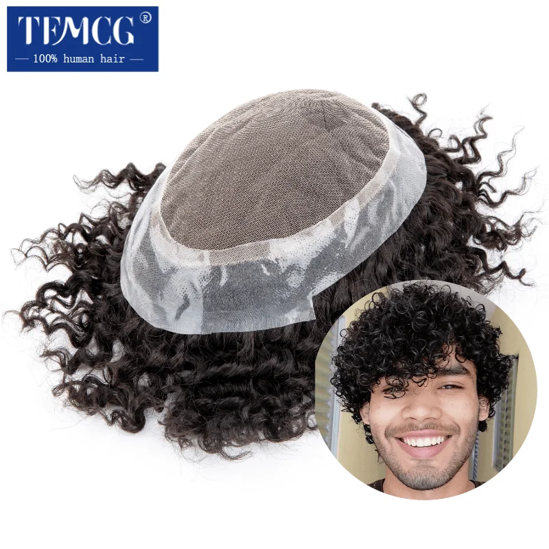 Australia Curly Hair Male Hair Prosthesis French Lace With Pu Base Men Wig Natural Human Hair Exhuast System Unit Wigs For Men
