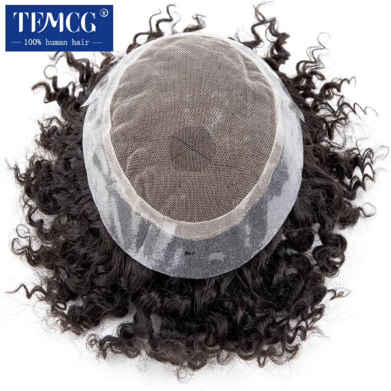 Australia Curly Hair Male Hair Prosthesis French Lace With Pu Base Men Wig Natural Human Hair Exhuast System Unit Wigs For Men