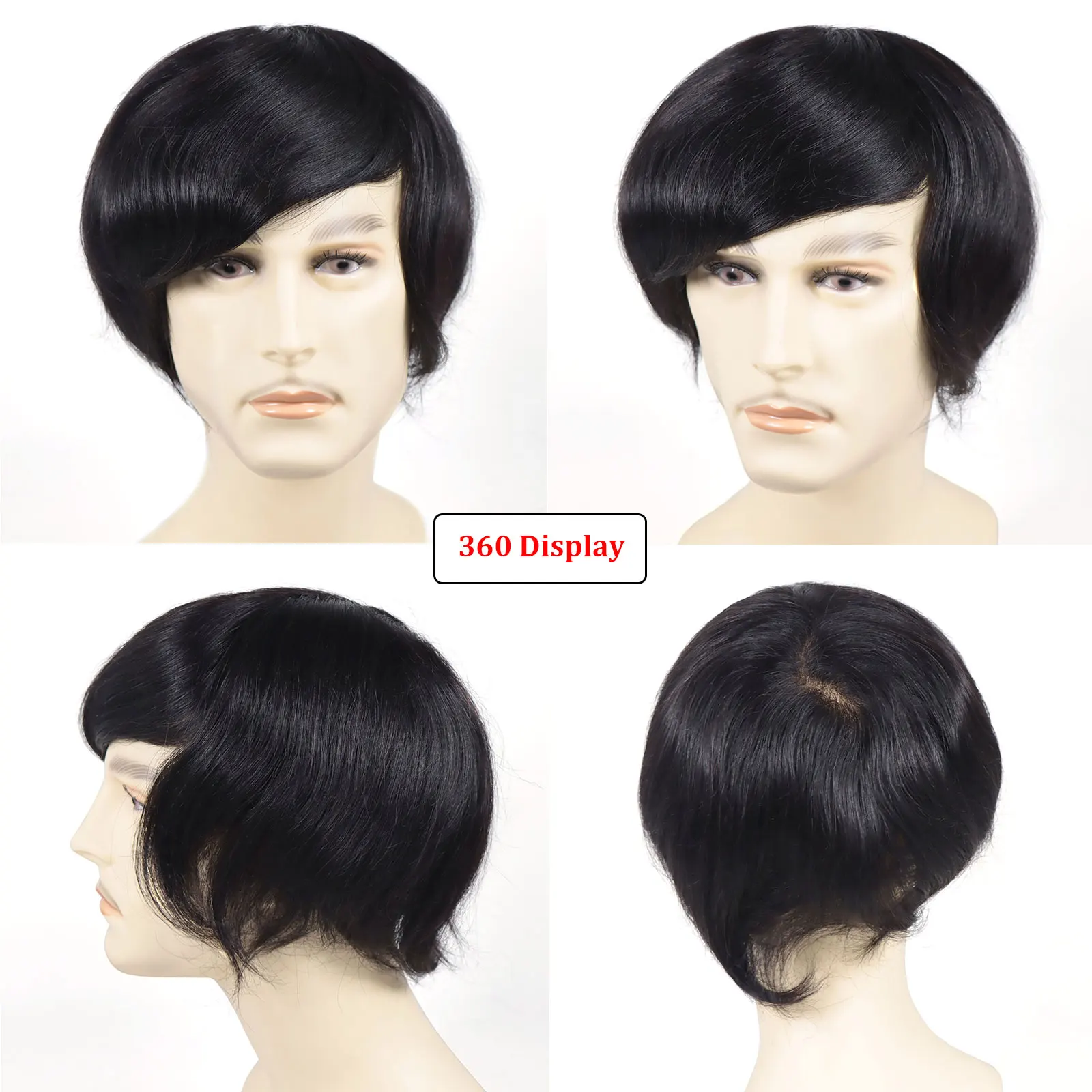 0.08-0.10MM Full Skin PU Toupee For Men V Loop Human Hair Men's Wigs #1B Men Capillary Prosthesis Hair Unit Replacement